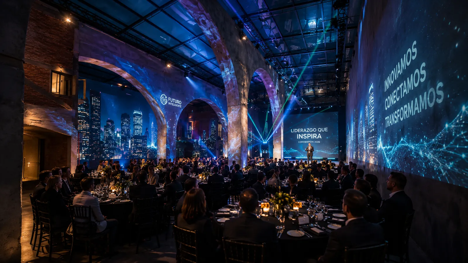 Concepto de gala corporativa con proyección inmersiva en muros y arcos